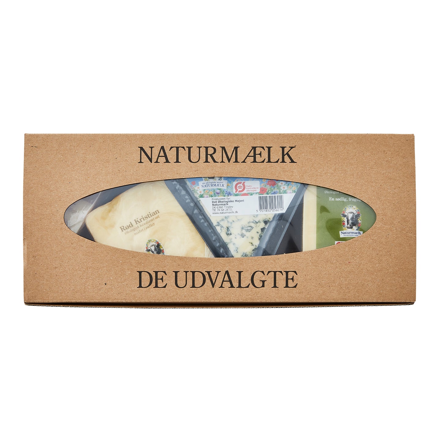 Naturmælk kasse med glimt af oste gennem vinduet.