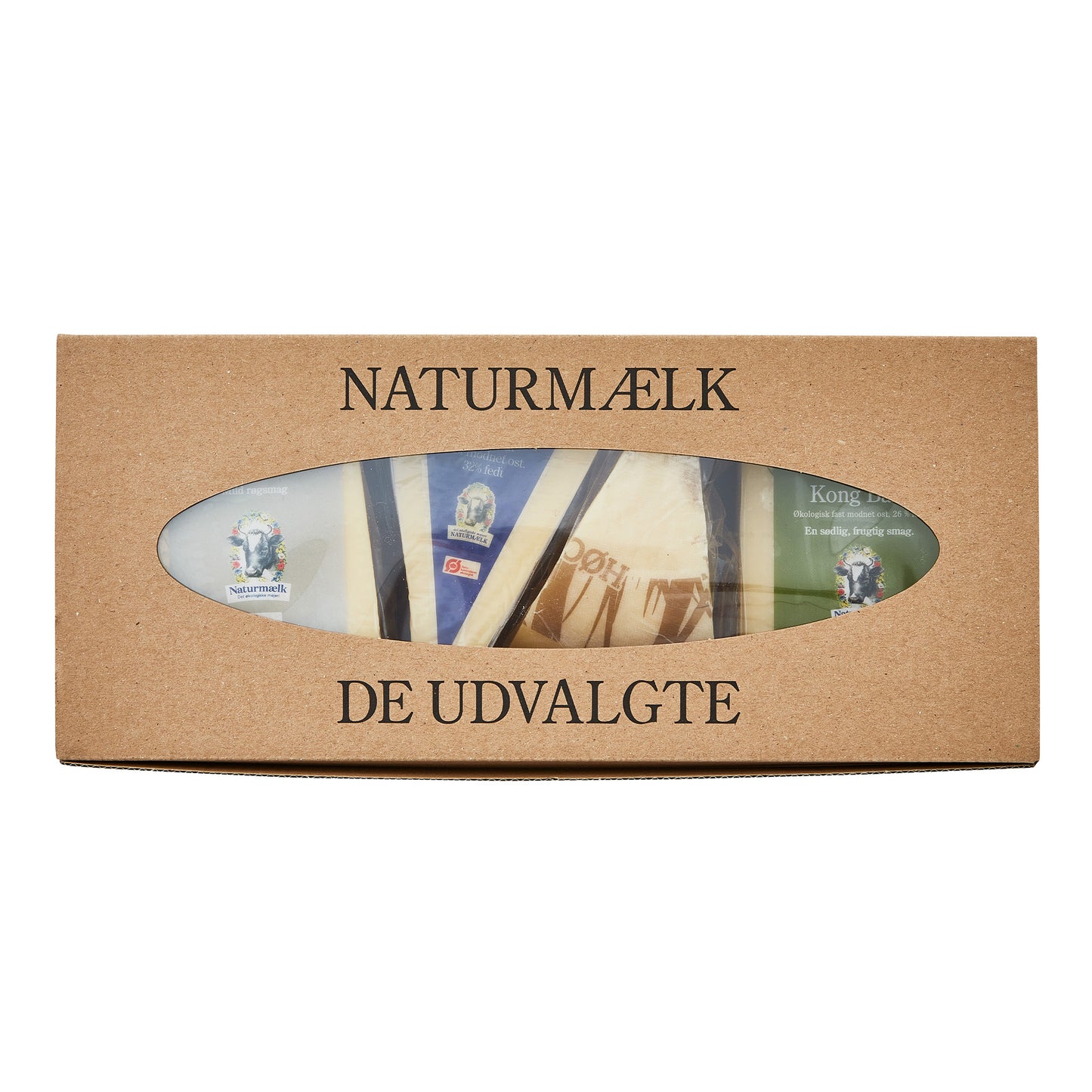 Naturost.dk 'De Udvalgte' kasse med vindue, der viser ostemærker.
