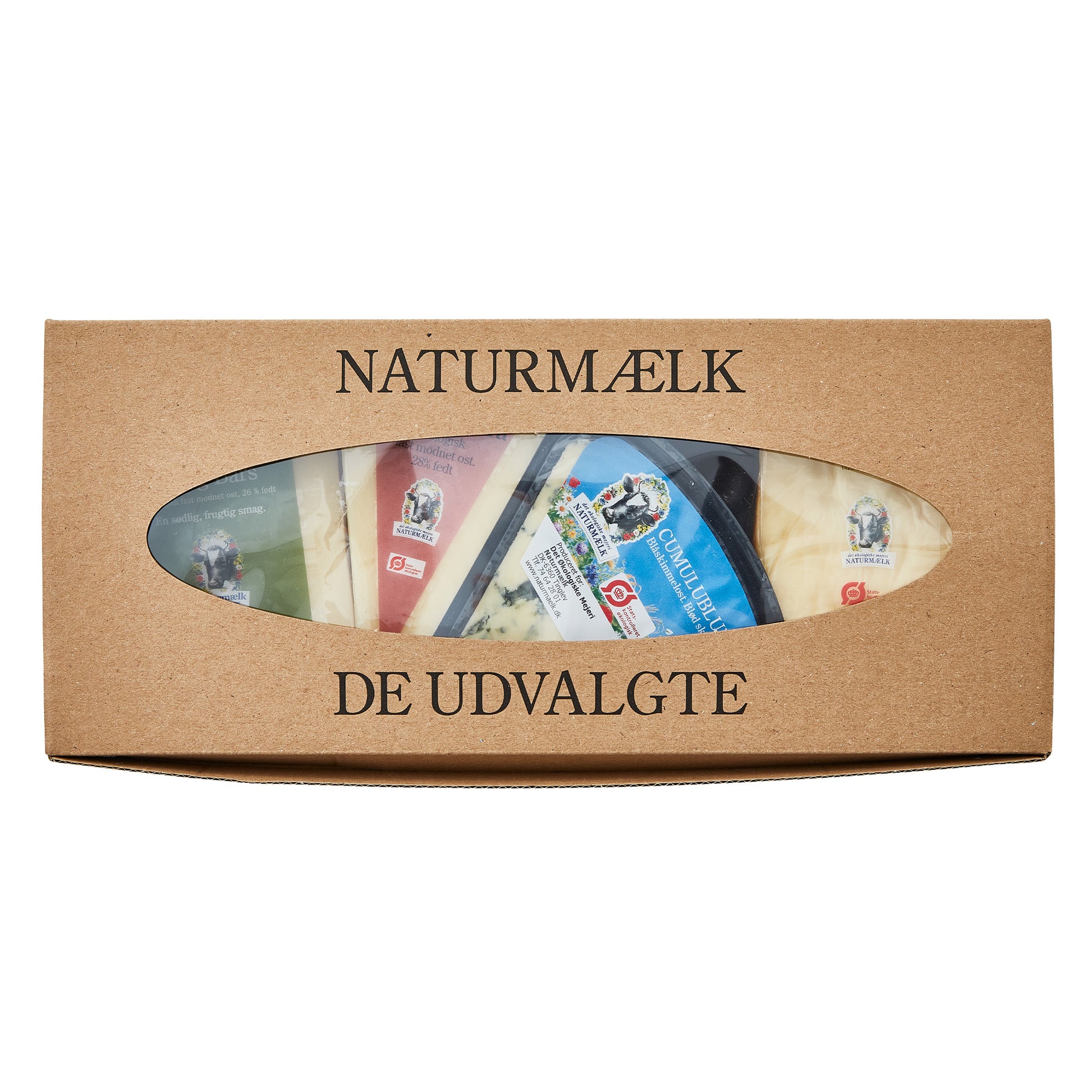 Naturost.dk's 'Naturmælk De Udvalgte' osteboks med glimt af oste.