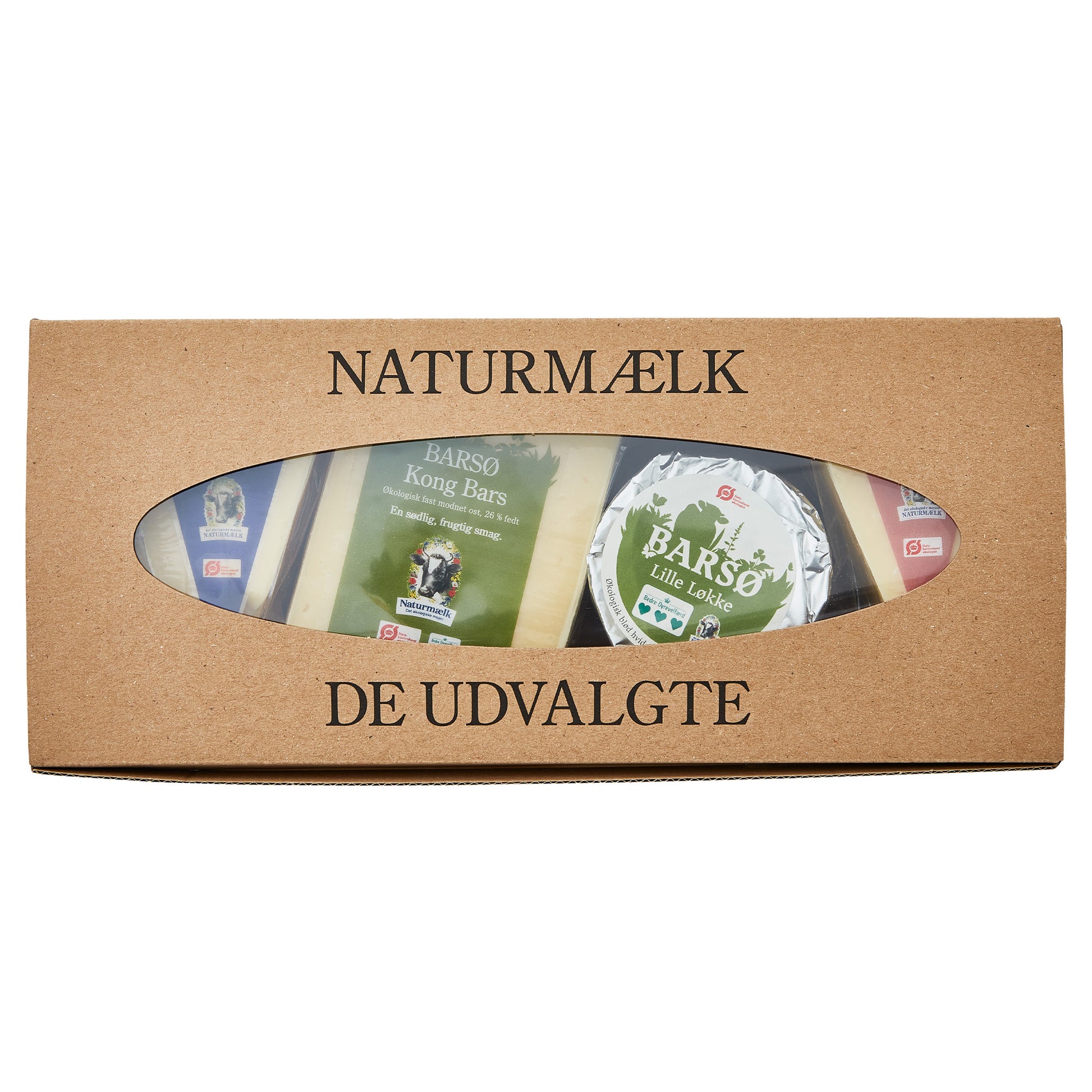 Naturost.dk 'Naturmælk' ostekasse med 'BARSØ' oste synlige gennem oval åbning.