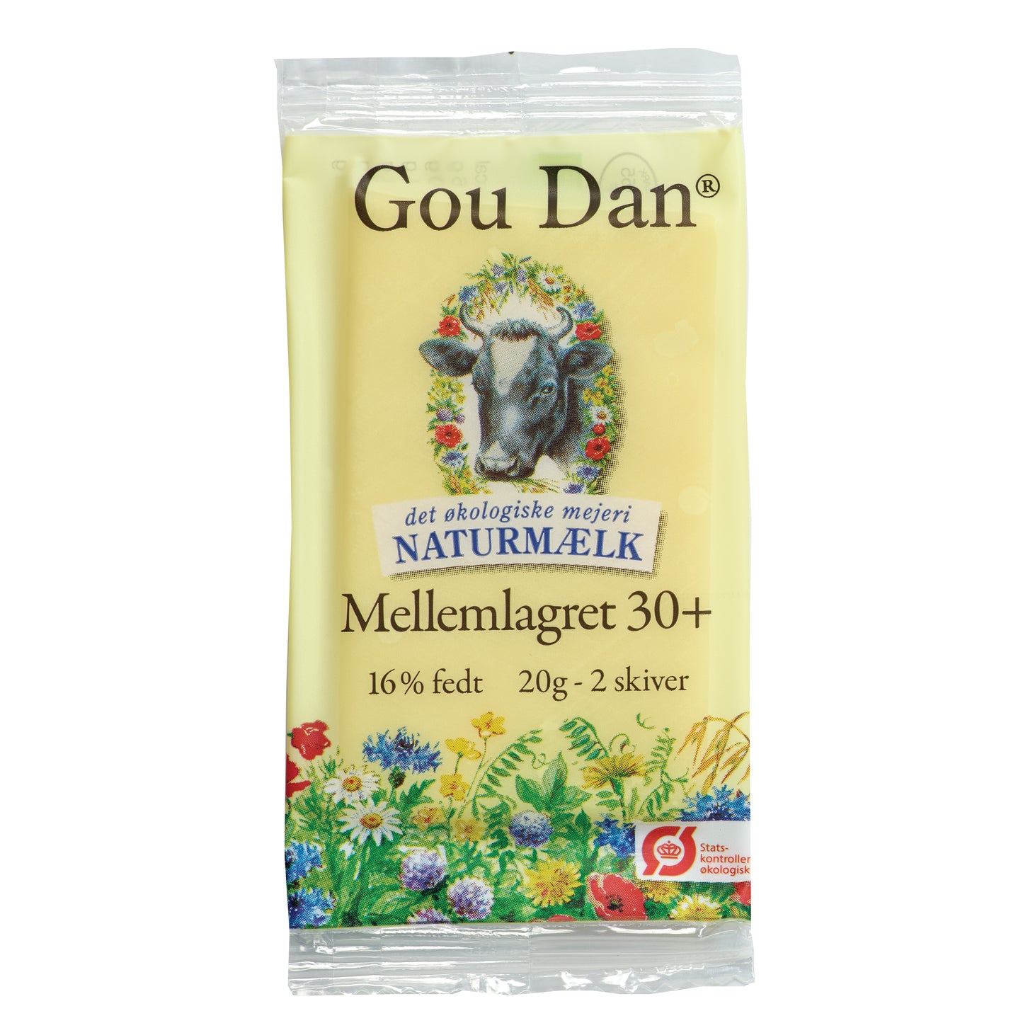 Gou Dan® økologisk ost fra Naturost.dk med ko, blomster og 16% fedt info.